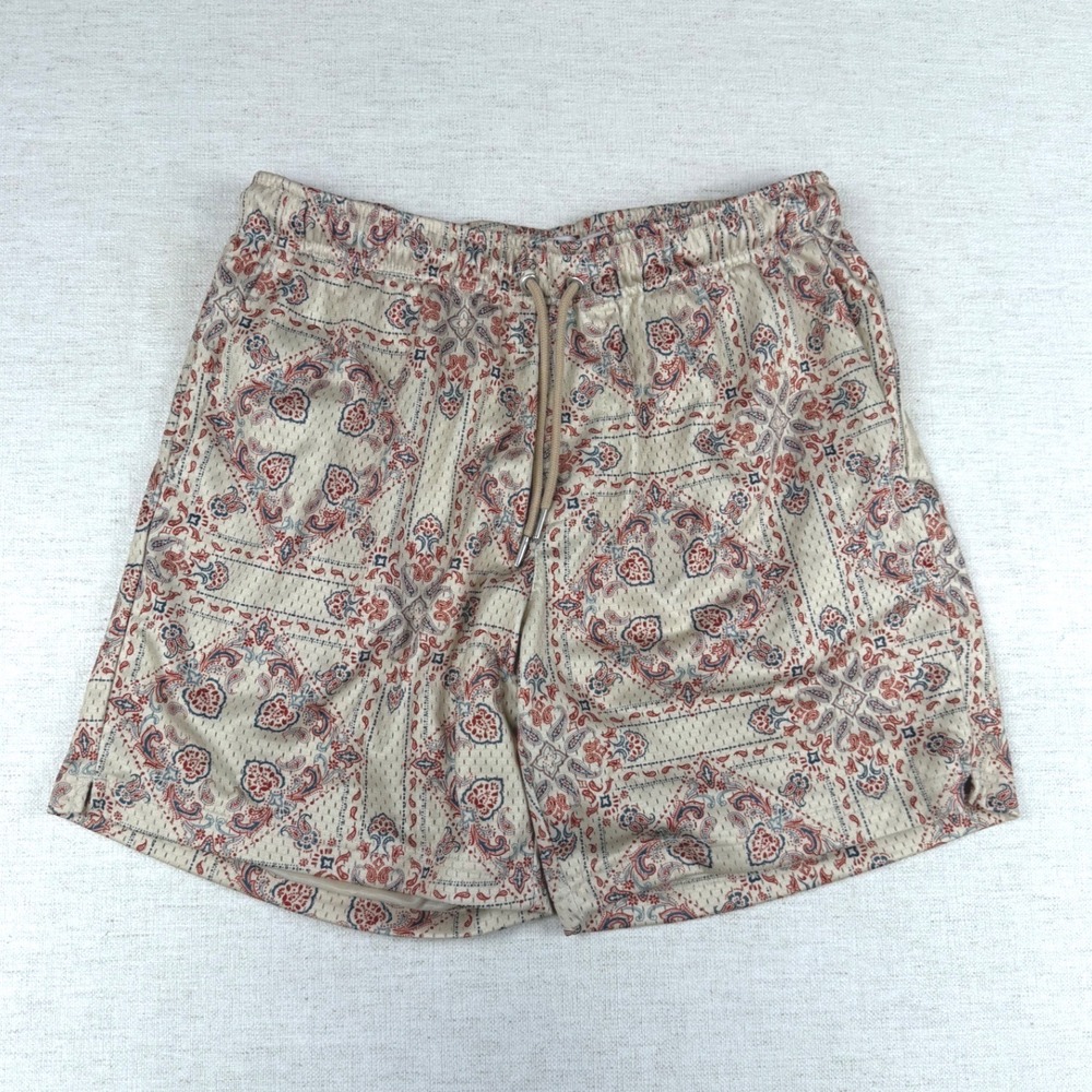 PacSun Mens Volley Mesh Shorts Small Cream Red Paisley Bandana Print Relaxed Fit
